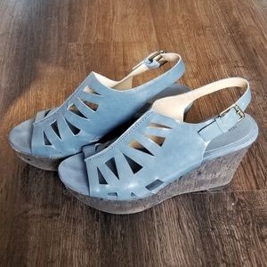 Nine West Blue Cutout Peep Toe Cork Wedge Heels
